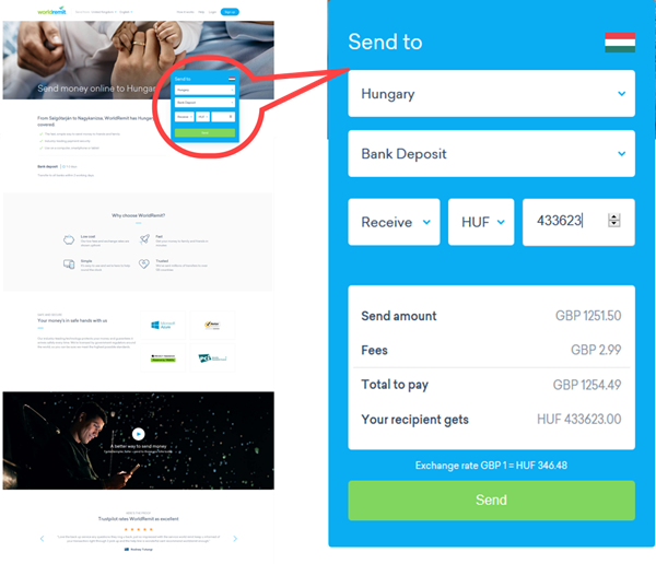 Snapshot of Worldremit page with calculator