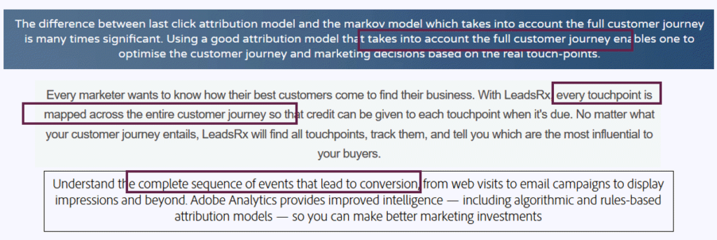 Screenshots from attribution tools detailing the need for every customer touchpoint