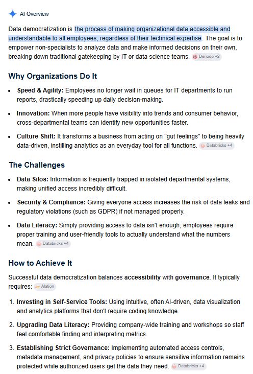 Screenshot of the Google AI description of data democratisation.
