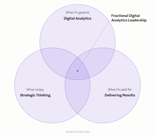 Venn diagram with circles showing I am good at Digital Analytics, I am paid for Delivering Result and I enjoy Strategic Thinking with an intersection of Fractional Digital Analytics Leadership